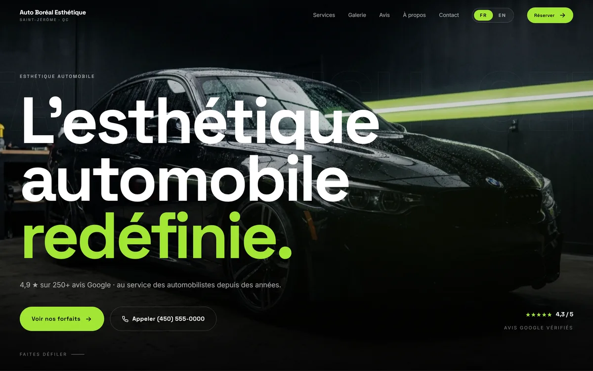Aperçu du site démo : typographie 'Auto Boréal Esthétique' lime sur fond noir, esthétique haut de gamme