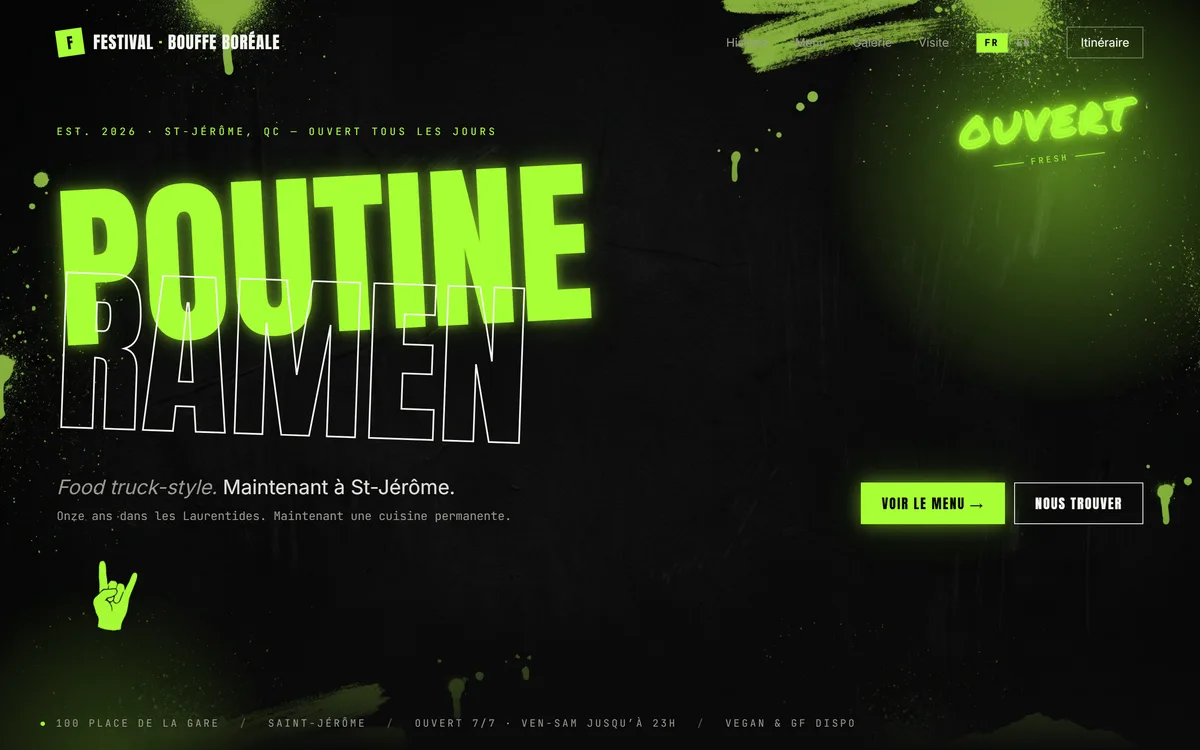 Aperçu du site démo : typographie Anton massive 'Festival Bouffe Boréale' lime sur fond noir, esthétique punk-zine