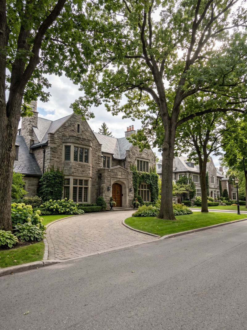 Manoir en pierre patrimonial, Avenue Lansdowne à Westmount, entouré de chênes matures