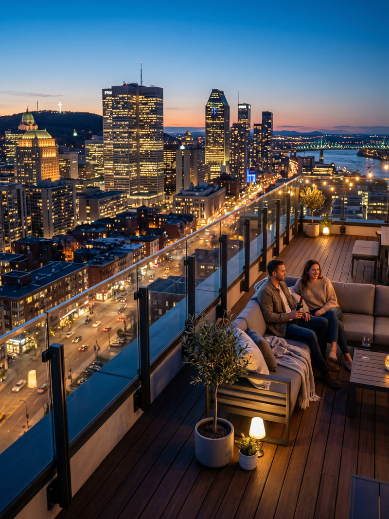 Terrasse de penthouse surplombant le centre-ville de Montréal au crépuscule, garde-corps en verre