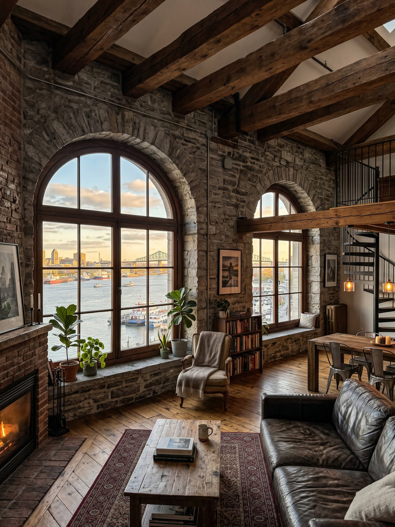 Loft en pierre du Vieux-Montréal, poutres apparentes, fenêtres en arche, vue sur le fleuve