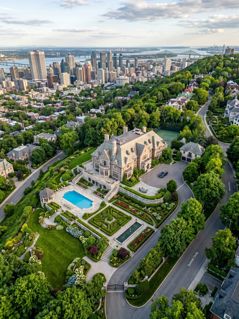 Domaine perché à Westmount avec jardins paysagers, vue aérienne