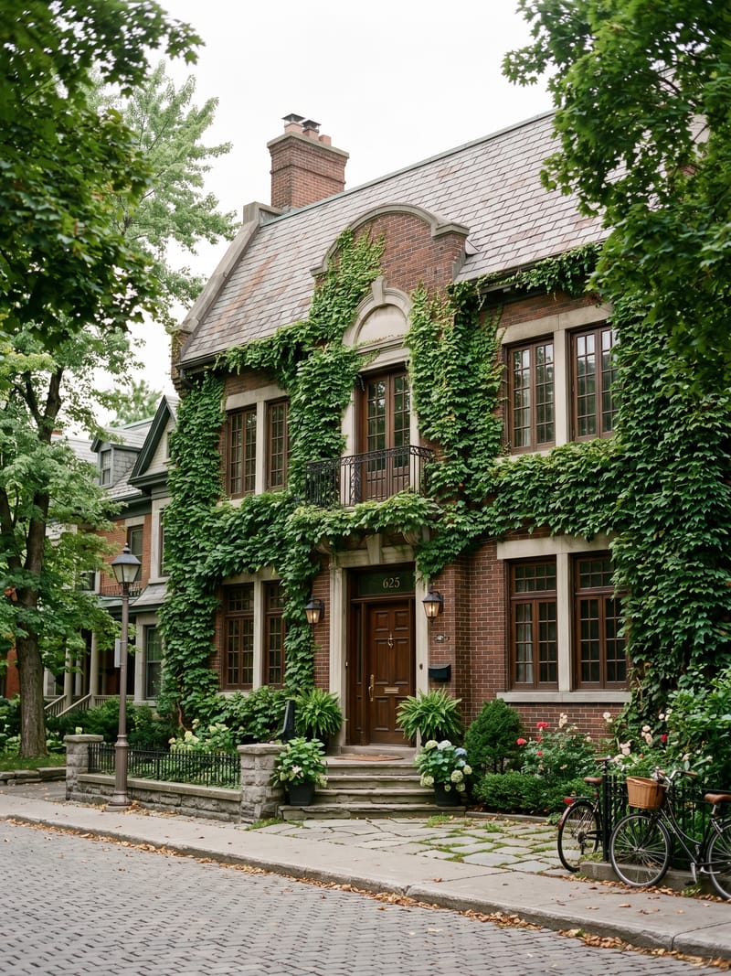 Façade de maison de ville patrimoniale, Chemin de la Côte-Saint-Antoine, recouverte de lierre