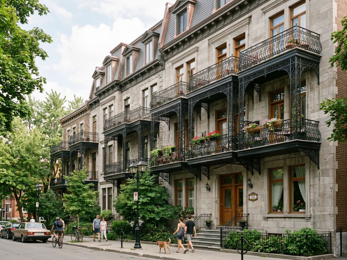 Façades d'Outremont avec balcons en fer forgé, lumière matinale douce, terrasse de café