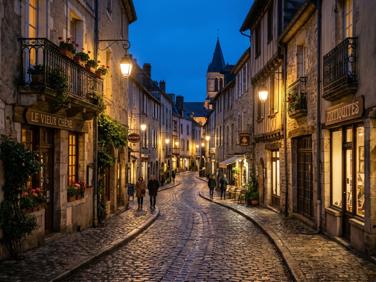 Rue pavée dans le Vieux-Montréal à l'heure bleue, éclairage de lanternes