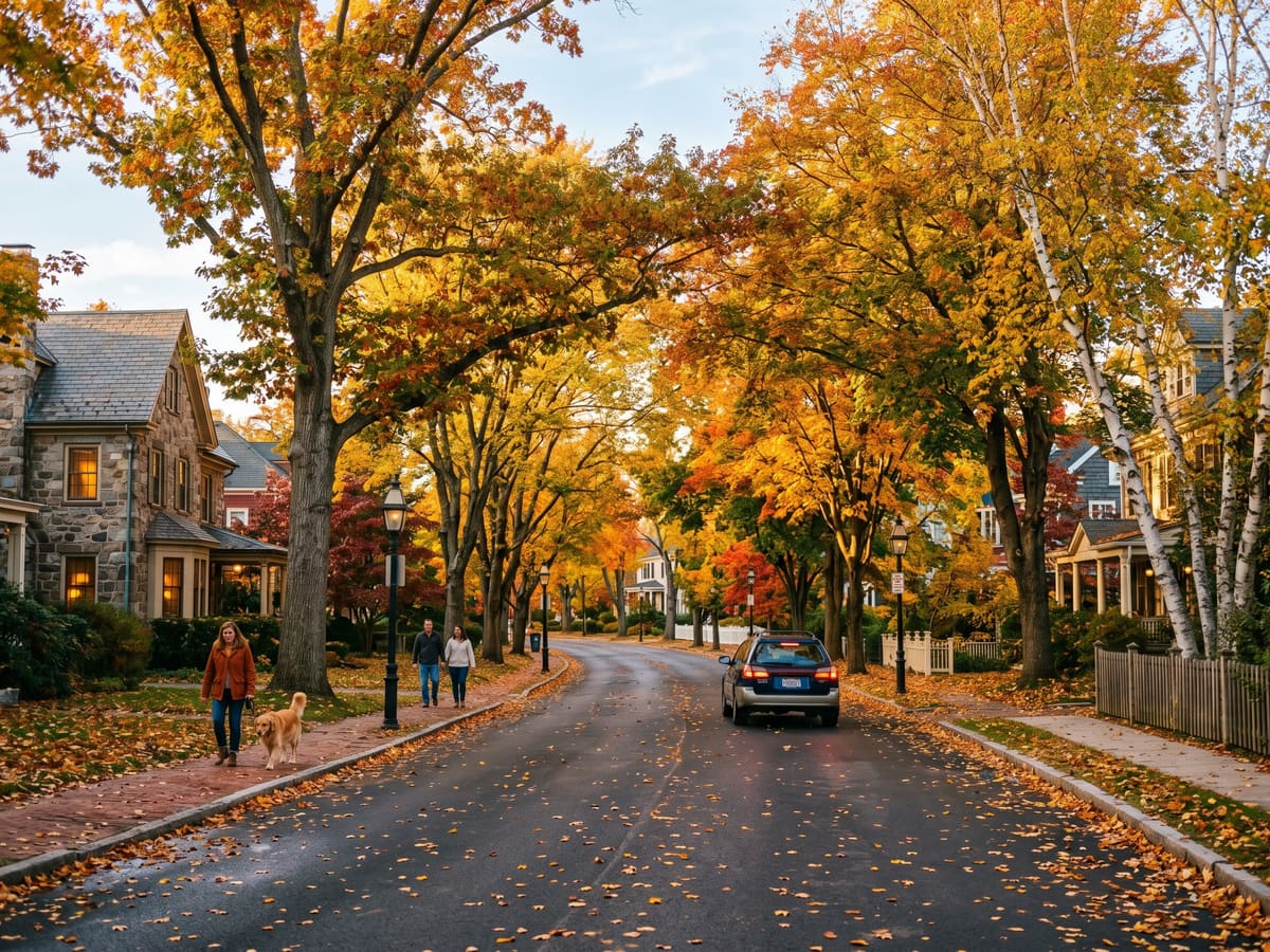 Rue bordée d'arbres à Westmount, lumière d'automne, maisons en pierre patrimoniales