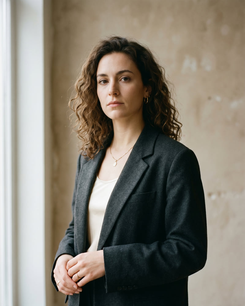 Portrait éditorial d'Éléonore Dufresne, lumière naturelle douce, fond neutre