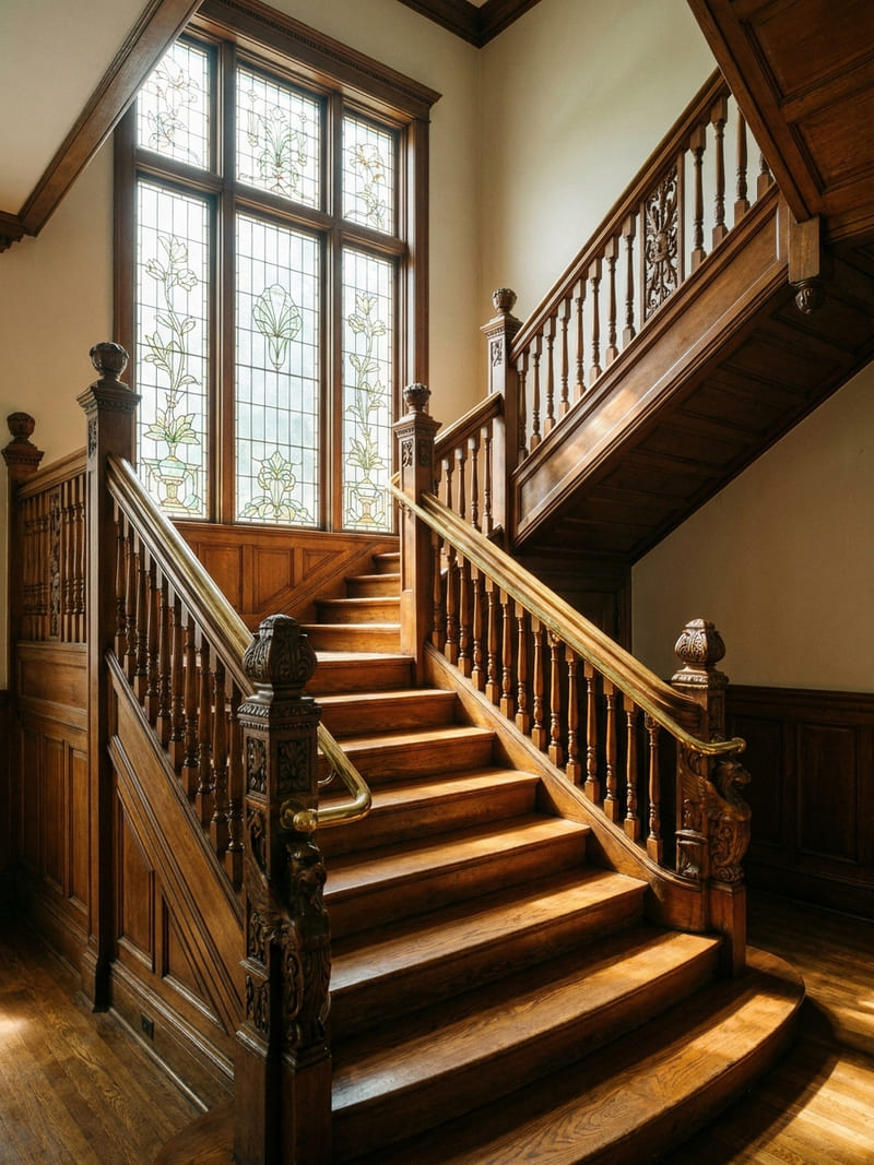 Escalier en chêne sculpté, ouvrage d’origine de 1908, lumière douce d’une fenêtre à plomb