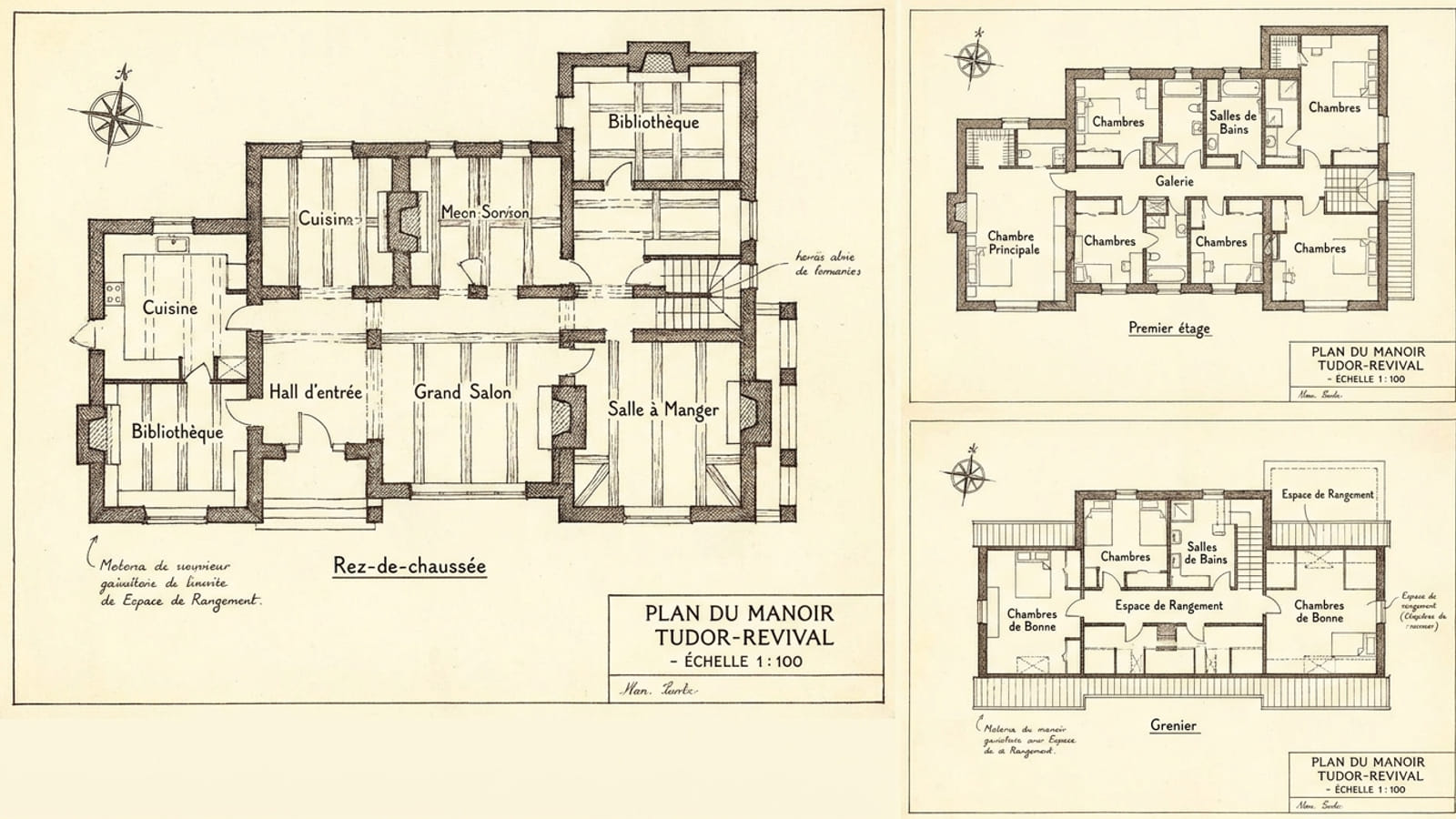 Plan d’étage architectural, encre sur papier crème, manoir Tudor sur trois niveaux