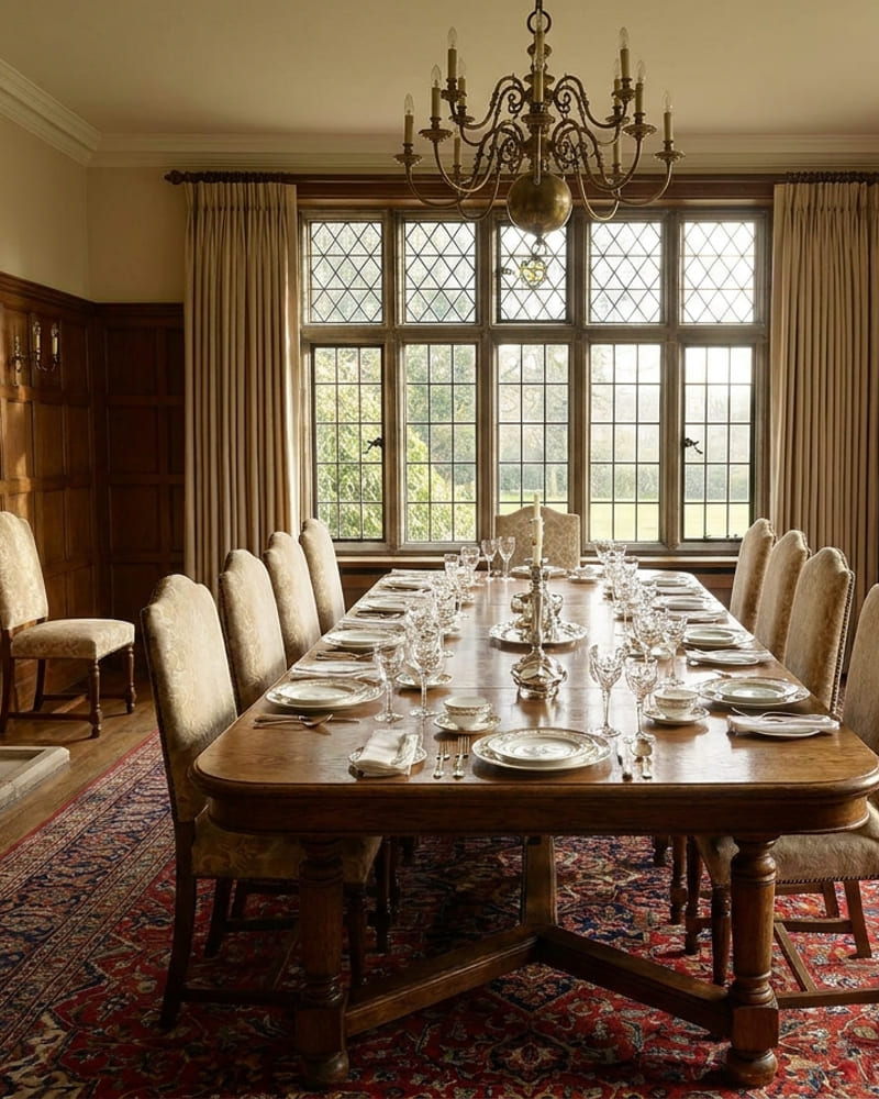 Salle à manger formelle, fenêtres à plomb, longue table en chêne, lustre en laiton