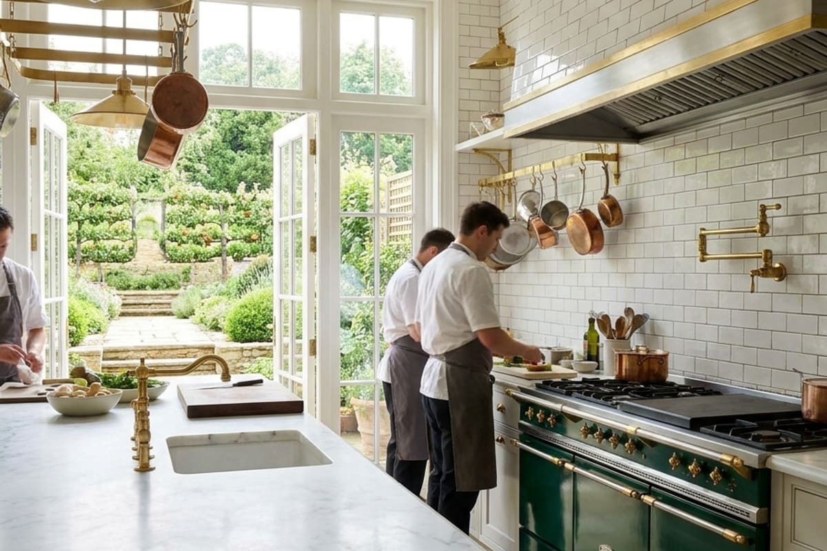 Cuisine de chef avec îlot en marbre et cuisinière Lacanche, vue sur le jardin