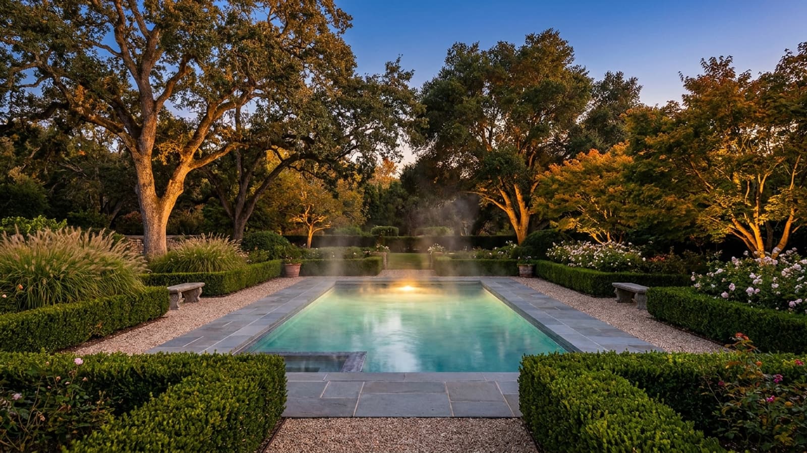 Piscine creusée chauffée bordée de pierre bleue, arbres matures, lumière du soir