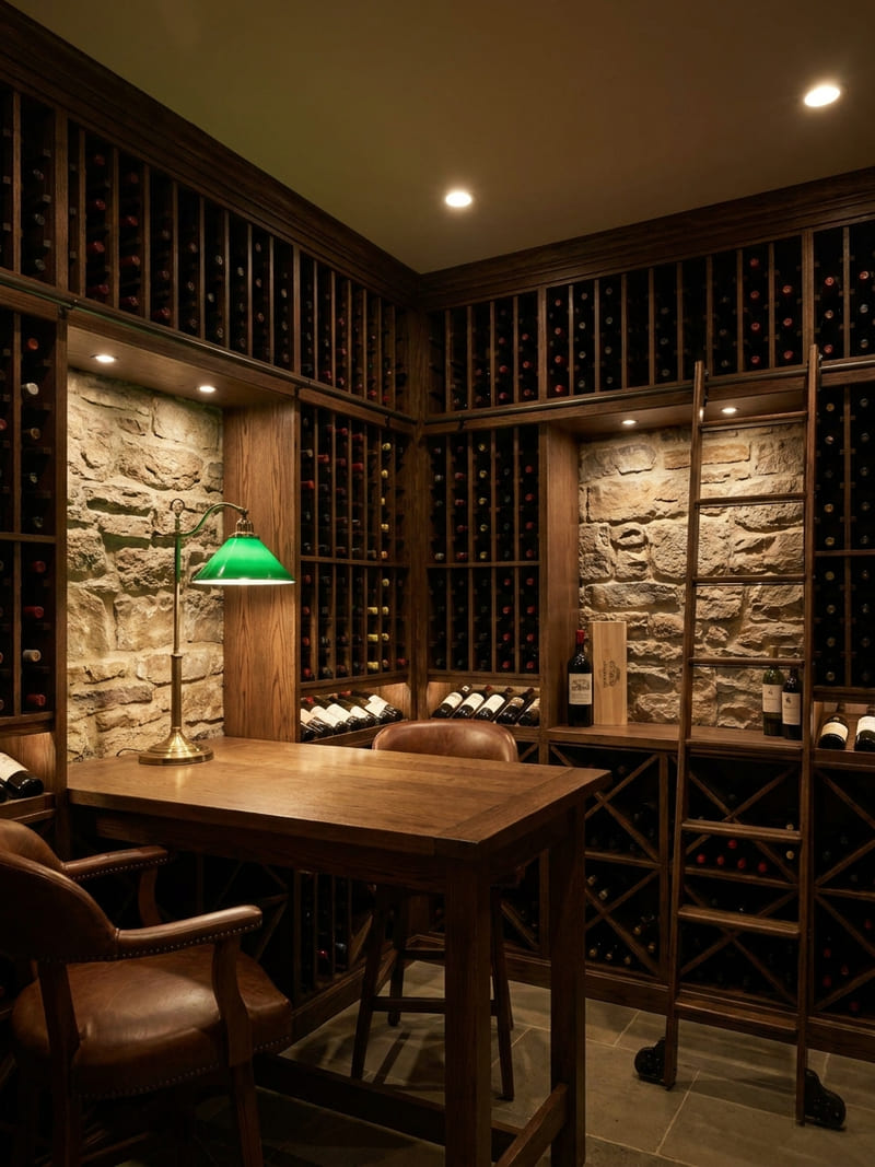 Cave à vin sur mesure, 450 bouteilles, casiers en chêne, lampe en laiton