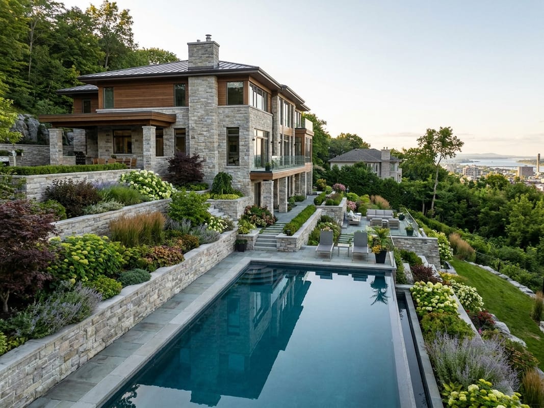 Manoir moderne en pierre, secteur supérieur de Westmount, piscine creusée