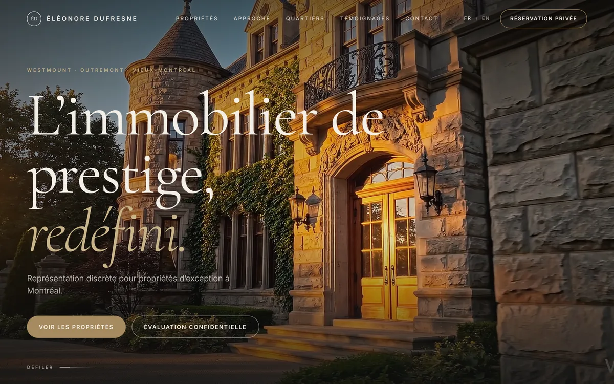 Aperçu du site démo : manoir patrimonial à Westmount, lumière dorée