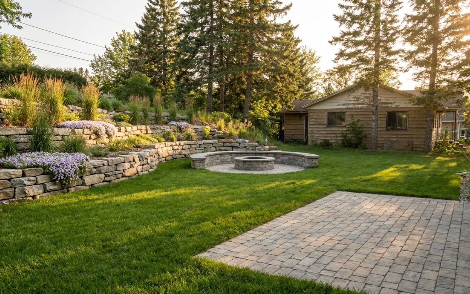 Après: terrasse en pavé, plantations, foyer extérieur sous lueur dorée