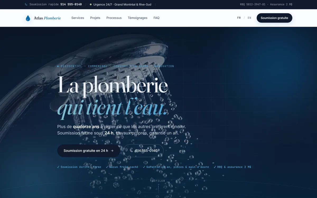 Aperçu du site démo : hero dégradé hydro-bleu, layout plombier lead-gen